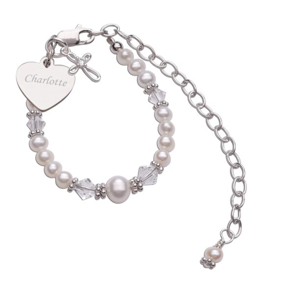 Cherished Moments Personalized Baptism to Bride Cross Bracelet Gift for Girls with Engraved Heart in Sterling Silver and Cultured Pearl - Image 2
