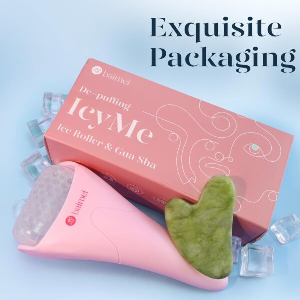 BAIMEI IcyMe Ice Roller for Face Women and Gua Sha Facial Tool Set, Ice Face Roller Reduces Puffiness, Relieves Migraines, Skin Care Tools, Self Care Gift for Women - Pink - Image 5