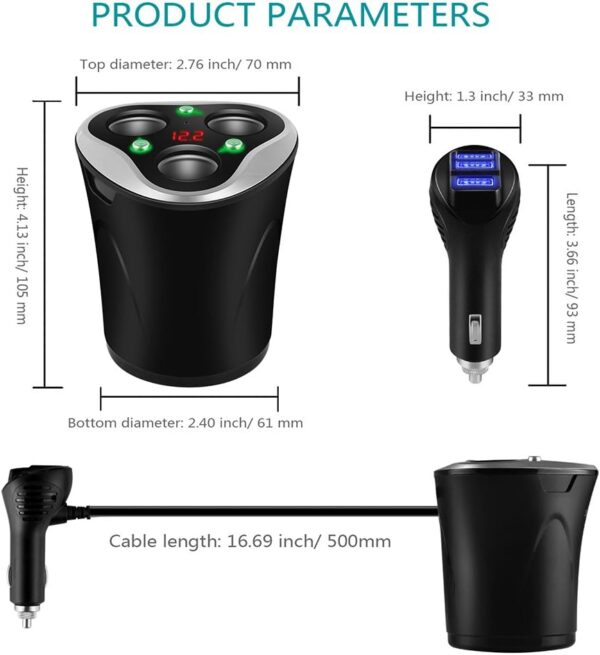 Skyocean 3 Socket Cigarette Lighter Splitter Power Adapter + 3 USB Car Charger 120W 12V/24V DC Outlet with Volt Meter, On/Off Switch for Cell Phone GPS Dash Cam & All Electronic Devices (Black) - Image 5