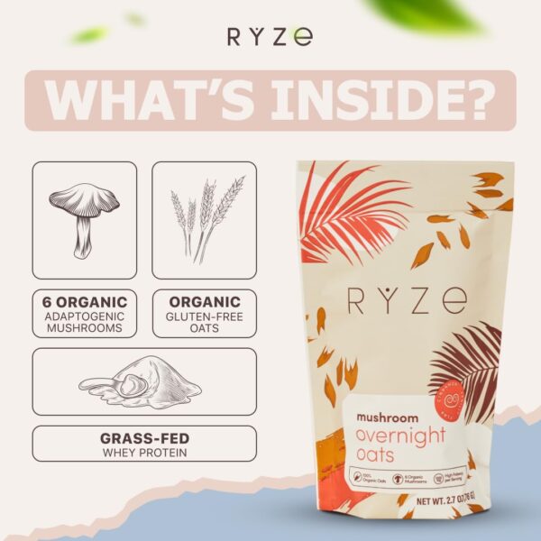 RYZE Mushroom Overnight Oats, Oatmeal with 6 Adaptogenic Mushrooms and 20g Grass-Fed Whey Protein & Chia Seeds, Turkey Tail, Shiitake, Lion's Mane, Reishi, Cordyceps, Healthy Breakfast, 14 servings - Image 5