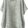 Linen Shirts for Women 2025 Summer Trendy Oversize Crewneck Short Sleeve Cute Tops Casual Loose Fit Comfy Blouses