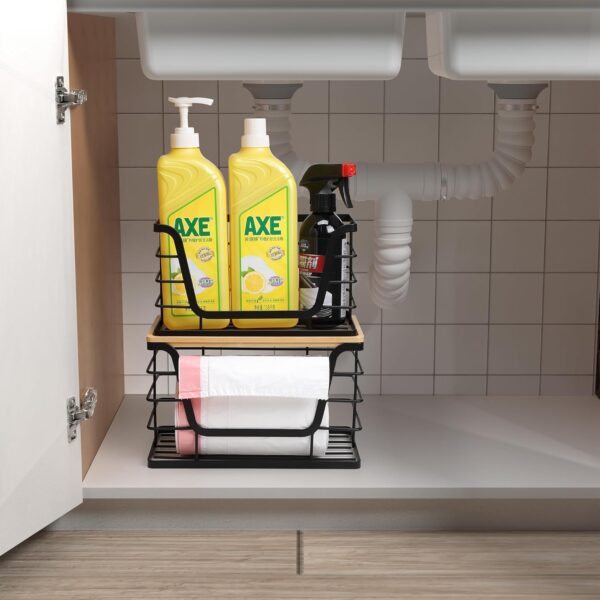 2 Pack Storage Stackable Kitchen Laundry Organizers with Bamboo Top, Wall Mount Large Trash Bag Holder and Standard Garbage Bag Dispenser - Image 4