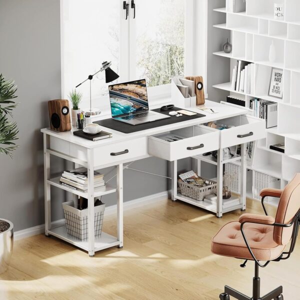 ODK Office Small Computer Desk: Home Table with Fabric Drawers & Storage Shelves, Modern Writing Desk, White, 48"x16" - Image 7