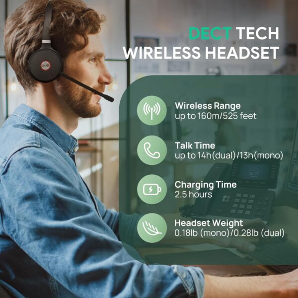 Yealink WH62 DECT Mono Teams Wireless Headset, 525 ft Range Work Headphone with 2X Noise Canceling Mic for IP Phone and Computer, Single Ear Headset with Call Control, Ringer,13H Talk Time - Image 3