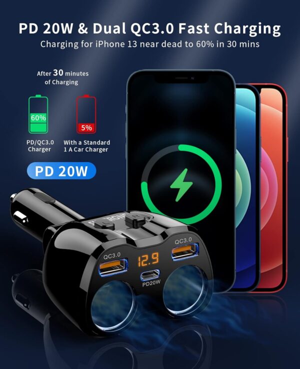 [2025 Upgraded] Cigarette Lighter Splitter, SUPERONE 180W 2-Socket Cigarette Lighter Adapter with Dual QC3.0 and 20W PD USB C Car Charger Splitter for GPS/Dash Cam/Laptop/iPad/iPhone 16/15/14/13/12/11 - Image 2