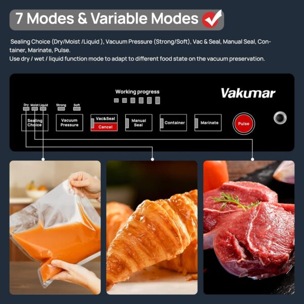 Liquid Vacuum Sealer Machine, 90Kpa Vacuum Sealer Machine Preservation Dry/Moist/Liquid Modes, LED Indicator Light, Handle Locked Design, Built-in Cutter and Bag Storage, Removable Drip Tray - Image 2