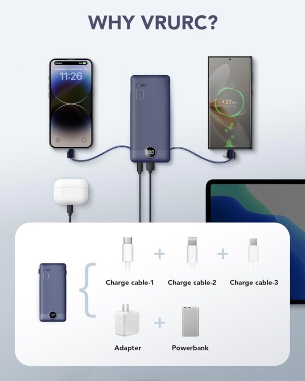 VRURC Portable Charger Built-in Cables and AC Wall Plug, USB C Power Bank 10000mAh, Travel Battery Portable Phone Charger Compact Lightweight External Battery Pack for Smart Phones, Tablets etc-Navy - Image 5