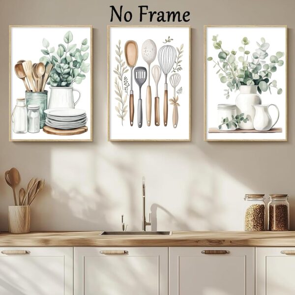 Modern Country Kitchen Wall Art Eucalyptus Leaves Print Minimalist Aesthetic Botanical Poster Sage Green Kitchen Wall Art Watercolor Botanical Plant Prints Boho Farmhouse Pictures 16x24inx3 No Frame - Image 3