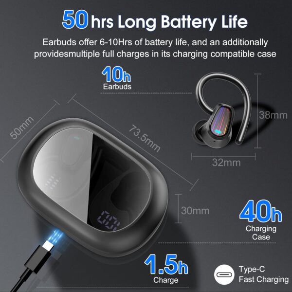 OYIB Wireless Earbuds Bluetooth 5.4 Headphones Sport, Stereo Deep Bass Bluetooth Earbuds with Earhooks, 50H Over Ear Bud with ENC Mic, IP7 Waterproof Wireless Earphone for Workout/Running, Deep Black - Image 3