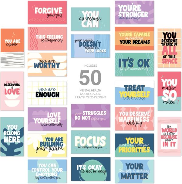 Strong Mental Health Mini Quote Cards / 50 Motivational Kindness Cards / 25 Vibrant Uplifting Designs / 2" x 3.5" Flat Business Card Size/Small Inspirational Daily Quote Cards - Image 2