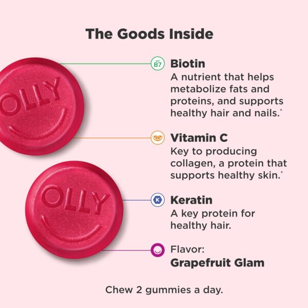 OLLY Undeniable Beauty Gummy, For Hair, Skin, Nails, Biotin, Vitamin C, Keratin, Chewable Supplement, Grapefruit, 30 Day Supply - 60 Count - Image 3
