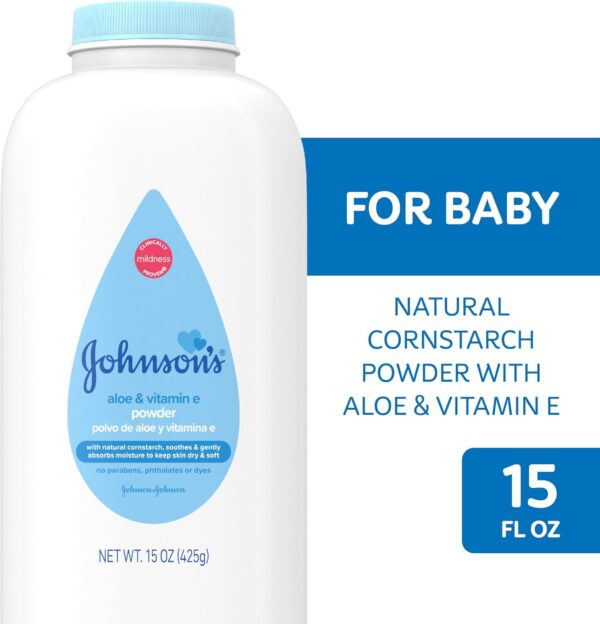 Johnson's Baby Powder, Naturally Derived Cornstarch with Aloe & Vitamin E for Delicate Skin, Hypoallergenic and Free of Parabens, Phthalates, and Dyes for Gentle Baby Skin Care, 15 oz - Image 4