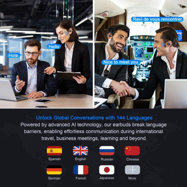 AI Translation Earbuds Real Time, 144 Language Translator Earbuds for iPhone and Android 3-in-1 Translation Headphones Translating Device for Travel Business Learning with Charging Case(Black) - Image 3