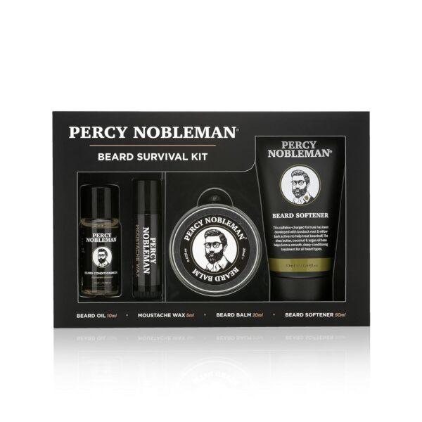 Beard Survival Kit, a Beard Grooming Kit containing a scented beard oil, beard balm, moustache wax, and a beard softener