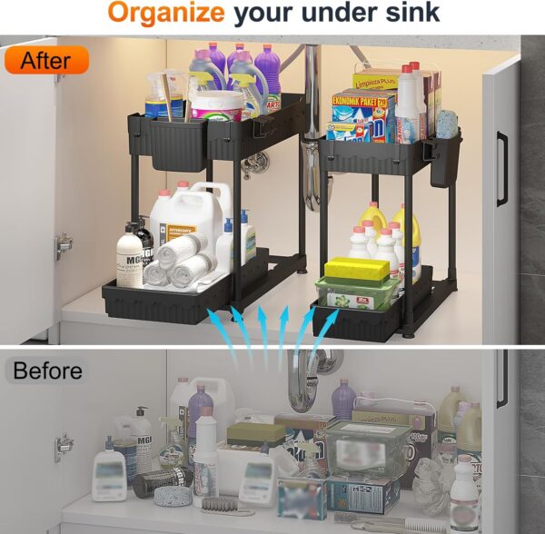 4-Pack Under Sink Organizer, 2-Tier Multi-Use Pull Out Kitchen Bathroom Organizers and Storage with Sliding Drawer, Cabinet Organizer with 2 Hanging Cups and Multi-type Hooks (Black) - Image 2