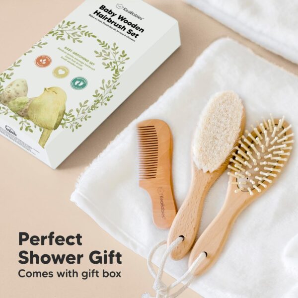 Baby Hair Brush and Comb Set for Newborn - Wooden Baby Hair Brush Set with Soft Goat Bristle, Baby Brush Set for Newborns Baby Brush and Comb Set Girl, Boy, Toddler Cradle Cap Brush (Oval, Walnut) - Image 9