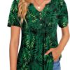 CATHY Womens Short Sleeve Tunic Tops Henley Shirt V Neck Button Up Blouse Casual Pleated Basic Pullover - Image 2