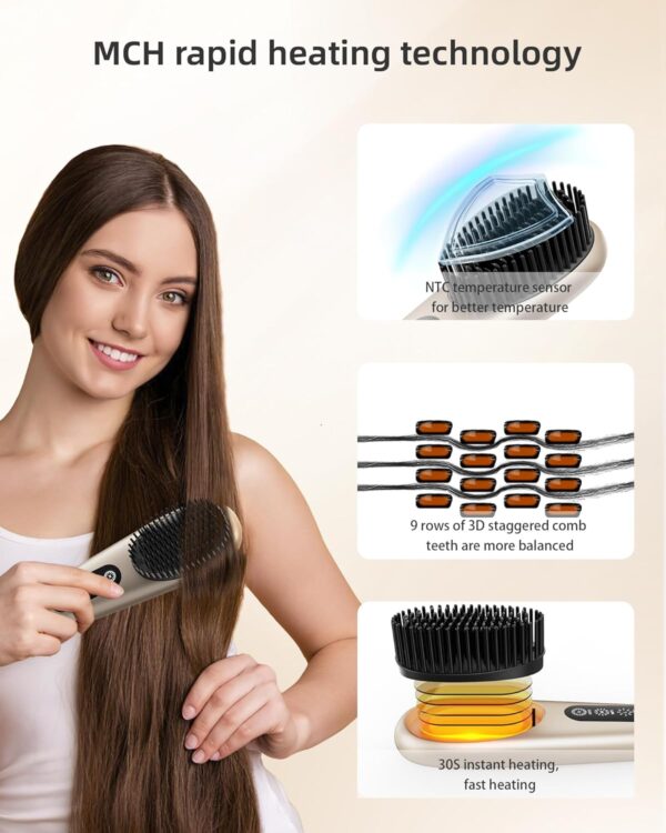Portable Hot Brush Hair Straightener, 6400mAh USB Rechargeable Mini Hair Straightening Brush for Traveling, Cordless Hair Comb High Level Negative Ions, Intelligent Thermal Sensor - Image 6