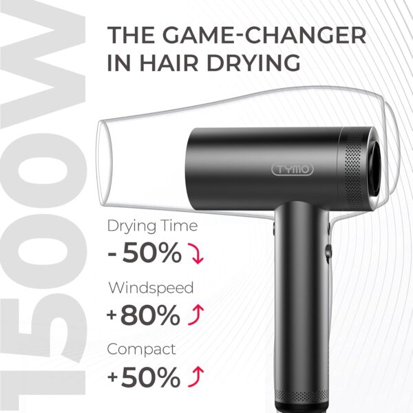 TYMO Hair Dryer with Diffuser for Women - 1500W Professional High Speed Blow Dryer with Comb, 110,000RPM Fast Dry, 200 Million Ionic Hairdryer, 4 Temps & 3 Speeds, 8 Ft Cord for Salon, Metal Gray - Image 3