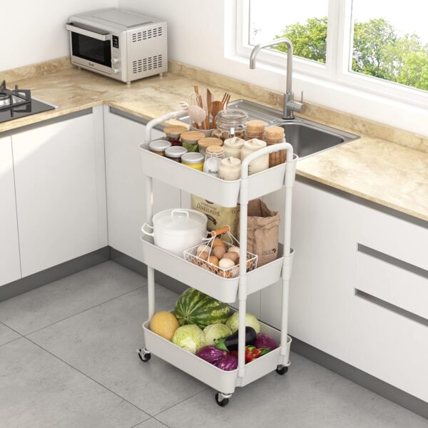 Sywhitta 3-Tier Plastic Rolling Utility Cart with Handle, Multi-Functional Storage Trolley for Office, Living Room, Kitchen, Movable Storage Organizer with Wheels, White - Image 4