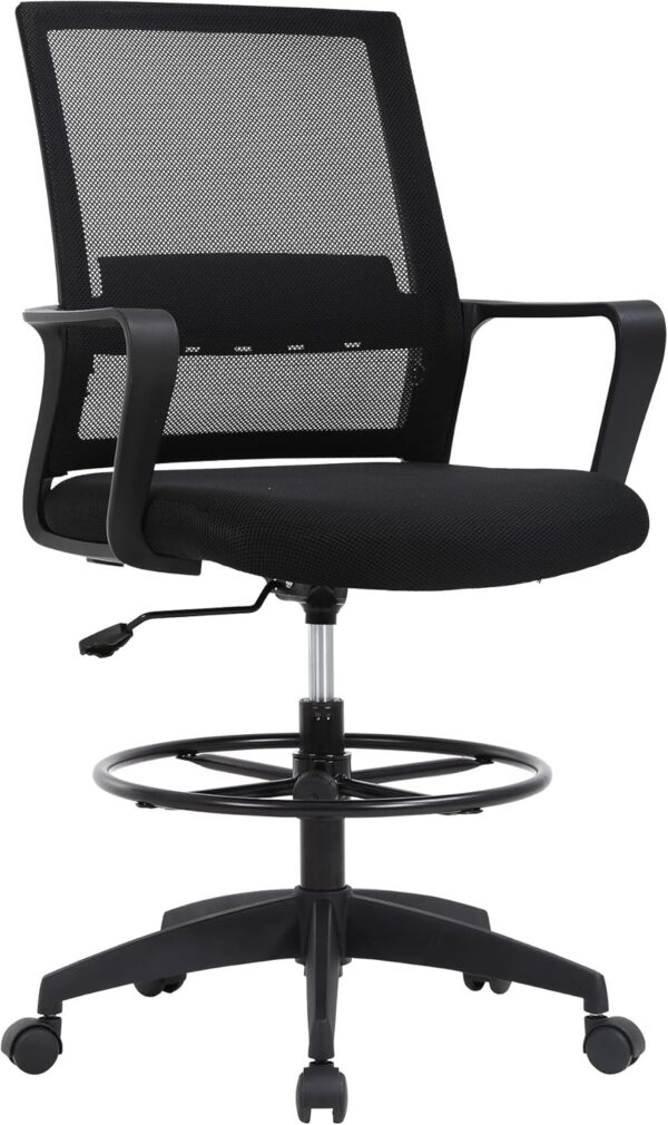 Drafting Chair Tall Office Chair Adjustable Swivel Rolling Mesh Height with Lumbar Support Arms Footrest Mid Back for Adults Standing Desk Drafting Stool(Black)