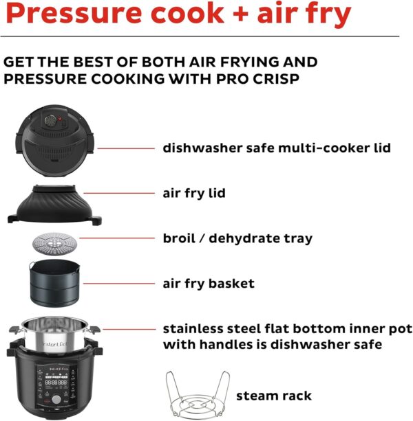 Instant Pot Pro Crisp 11-in-1 Air Fryer and Electric Pressure Cooker Combo with Multicooker Lids that Air Fries, Steams, Slow Cooks, Sautés, Dehydrates, & More, Free App With Over 800 Recipes, 8 Quart - Image 6