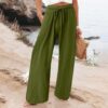 Women Flowy Linen Palazzo Pants Drawstring Elastic Waist Wide Leg Trousers Summer Beach Loose Fit Slacks with Pockets - Image 3