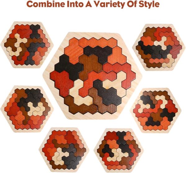 Skrtuan Wooden Hexagon Puzzle for Kids & Adults, Montessori STEM Educational Toy with Colorful Shapes, Logic IQ Brain Teaser Game for All Ages, Geometry Tangram Gift - Image 5