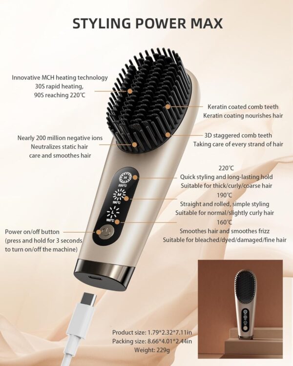 Portable Hot Brush Hair Straightener, 6400mAh USB Rechargeable Mini Hair Straightening Brush for Traveling, Cordless Hair Comb High Level Negative Ions, Intelligent Thermal Sensor - Image 2