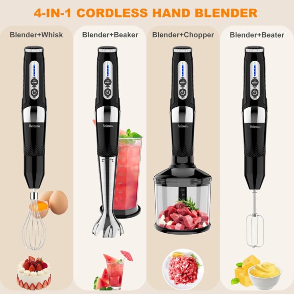 Cordless Hand Blender: 4-in-1 USB Rechargeable Immersion Blender, 21 Variable Speeds & 3-Angle Adjustable with 700ml Chopper, 700ml Beaker, Egg Whisk and Beater for Smoothies, Soup, Baby Food (Black) - Image 4