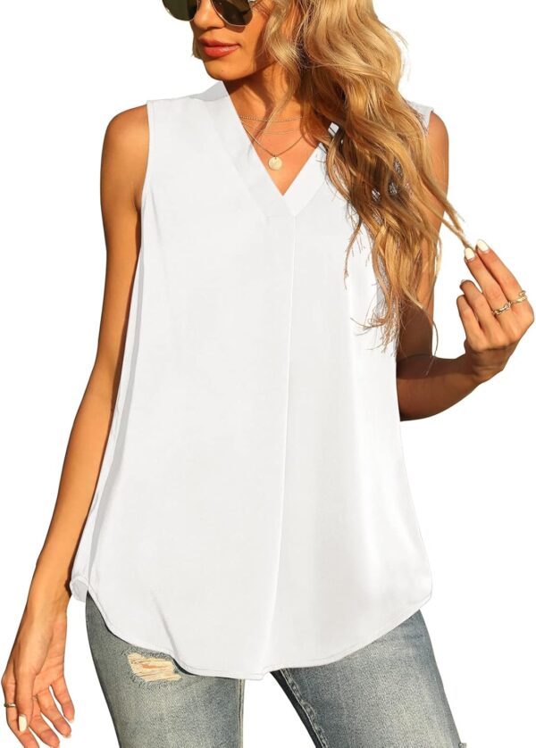 QUEZHU Women's Summer Sleeveless Chiffon Tank Tops Blouse Loose Casual V Neck Blouses Shirt - Image 2