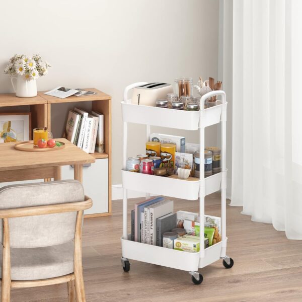 Sywhitta 3-Tier Plastic Rolling Utility Cart with Handle, Multi-Functional Storage Trolley for Office, Living Room, Kitchen, Movable Storage Organizer with Wheels, White - Image 3