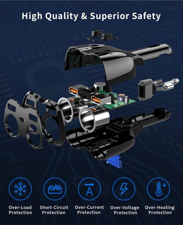 [2025 Upgraded] Cigarette Lighter Splitter, SUPERONE 180W 2-Socket Cigarette Lighter Adapter with Dual QC3.0 and 20W PD USB C Car Charger Splitter for GPS/Dash Cam/Laptop/iPad/iPhone 16/15/14/13/12/11 - Image 6