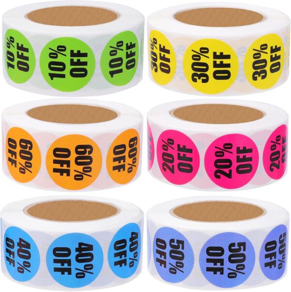 3000 PCS Percent Off Stickers,Discount Stickers 10 to 60 Percent Off Clearance Sticker,Circle Pricemarker Label,Multicolored Percent Off Adhesive Labels for Retail Store Clearance,1Inch 6 Rolls