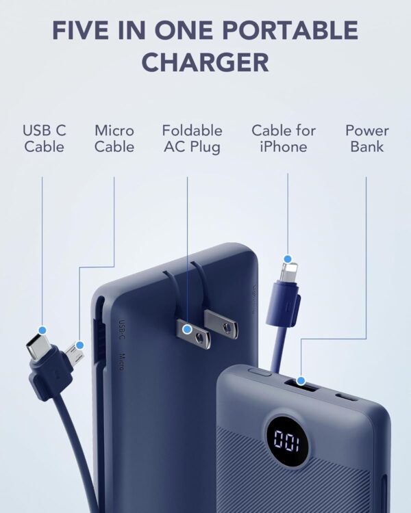 VRURC Portable Charger Built-in Cables and AC Wall Plug, USB C Power Bank 10000mAh, Travel Battery Portable Phone Charger Compact Lightweight External Battery Pack for Smart Phones, Tablets etc-Navy - Image 2