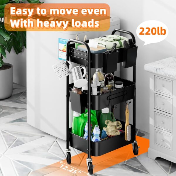 Simple Trending 3 Tier Metal Cart on Wheels, Heavy Duty Rolling Storage Cart with 3 Box and Hooks for Kitchen to Organize Books Snacks Tools, Black - Image 6