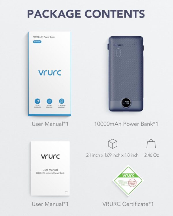 VRURC Portable Charger Built-in Cables and AC Wall Plug, USB C Power Bank 10000mAh, Travel Battery Portable Phone Charger Compact Lightweight External Battery Pack for Smart Phones, Tablets etc-Navy - Image 8