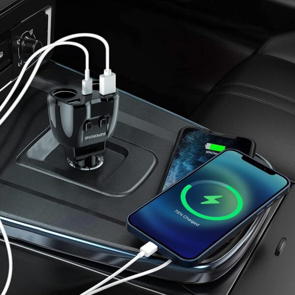 [2025 Upgraded] Cigarette Lighter Splitter, SUPERONE 180W 2-Socket Cigarette Lighter Adapter with Dual QC3.0 and 20W PD USB C Car Charger Splitter for GPS/Dash Cam/Laptop/iPad/iPhone 16/15/14/13/12/11 - Image 7