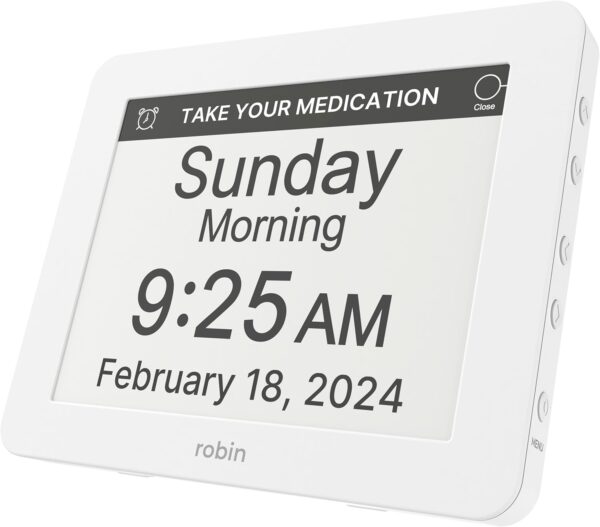Robin Clock 2024 with Day and Date for Elderly, Clocks for Seniors, Dementia Clock, Digital Calendar Clock Elderly, Bedside Clocks Seniors, Alzheimers Products, Dementia Clocks Extra Large, White