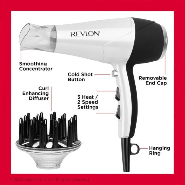 REVLON Volume Booster, Hair Dryer with Curl Enhancing Diffuser | Increase Volume, Decrease Frizz and Damage, Fast Drying, 1875 Watts (White) - Image 5