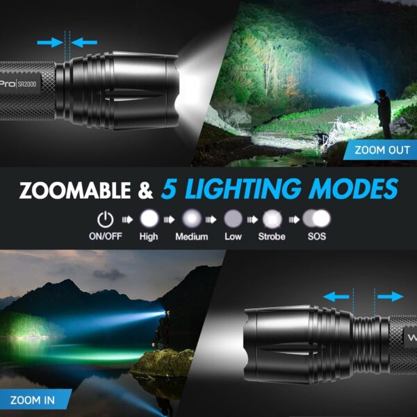 WdtPro LED Flashlight High Lumens SR2000 Pro, 2 Pack Brighter Tactical Flashlights with 5 Modes & Zoomable, Powerful Mini Flash Light for Emergency, Camping, Hiking (Black) - Image 3