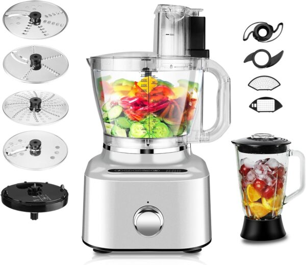 Homtone 16 Cup Food Processor, Aluminum-Diecast Blender and Food Processor Combo, 5 Preset Modes Vegetable Chopper Electric, 8 Blades 11 Functions for Home Use, Stepless Speed Control, 650W, Sliver