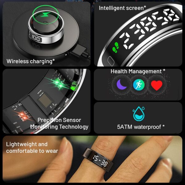 Smart Ring with LED Display Screen,Sleep&Fitness Tracking Wearable for Women/Men,Accurate Monitoring of Pedometer, Heart Rate,Blood Oxygen,No Subscription Required with Wireless Charging (Silver, 11) - Image 3