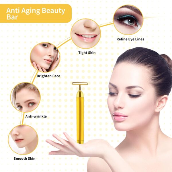 Aubric Face Massager Electric Beauty Bar 24k Golden Facial Massage Tool, T-Shape Electric Vibrating Wand Face Neck Skin Firming Lifting Tighting Wrinkles Reducing Body Treatment Anti Aging Device - Image 8