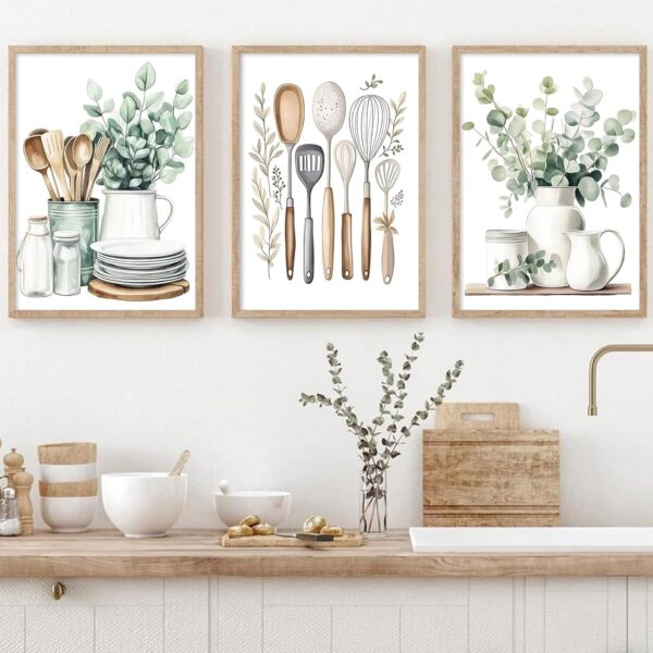 Modern Country Kitchen Wall Art Eucalyptus Leaves Print Minimalist Aesthetic Botanical Poster Sage Green Kitchen Wall Art Watercolor Botanical Plant Prints Boho Farmhouse Pictures 16x24inx3 No Frame