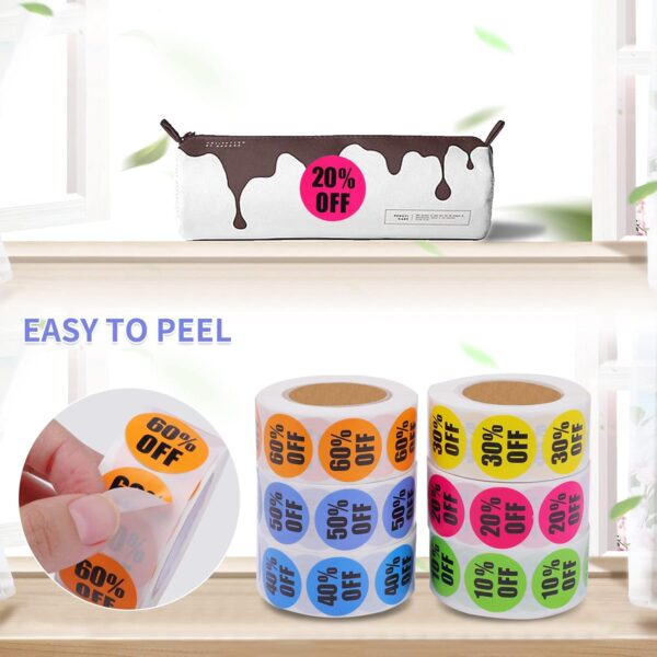 3000 PCS Percent Off Stickers,Discount Stickers 10 to 60 Percent Off Clearance Sticker,Circle Pricemarker Label,Multicolored Percent Off Adhesive Labels for Retail Store Clearance,1Inch 6 Rolls - Image 3