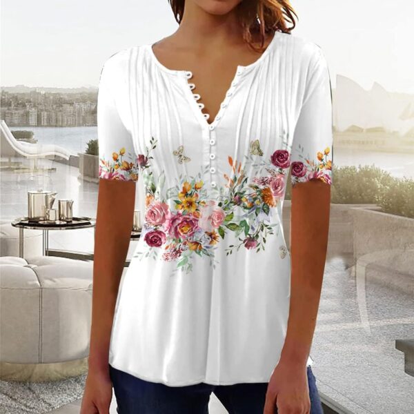 V Neck T Shirts for Women,Short Sleeve Tops 2025 Summer T Shirt Casual V Neck Button Printed Blouse Plus Size Tees - Image 4
