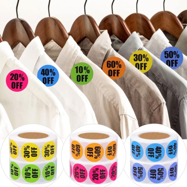 3000 PCS Percent Off Stickers,Discount Stickers 10 to 60 Percent Off Clearance Sticker,Circle Pricemarker Label,Multicolored Percent Off Adhesive Labels for Retail Store Clearance,1Inch 6 Rolls - Image 7
