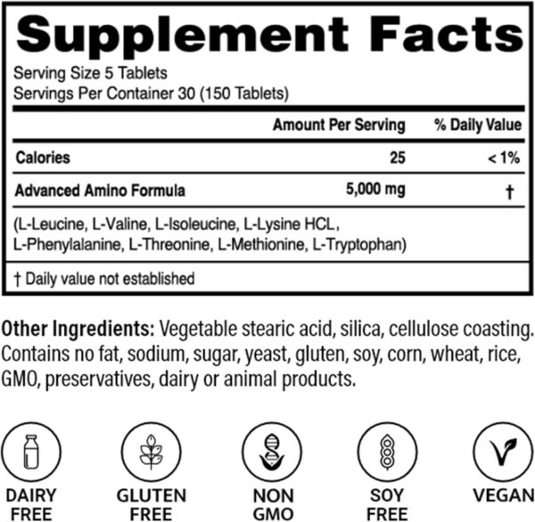 – Advanced Amino Formula Tablets, Amino Acid Supplement, Build Muscle, Post Workout Recovery, Energy, Stamina, Non-GMO, Gluten Free, Dairy Free, Vegan (150 Tablets) - Image 2