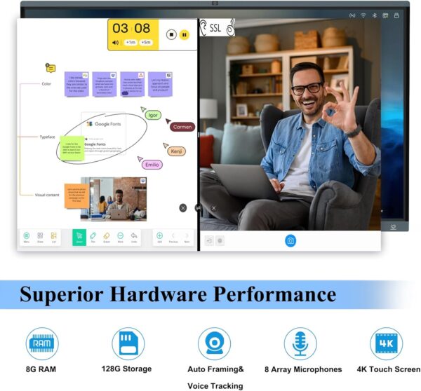 86'' Smart Board, 4K Touch Screen Interactive Whiteboard Display, AI Camera with 8 Mics, Android 13.0 8+128G, All in One Smartboard for Classroom Home Office (Board+Wall Mount) - Image 2